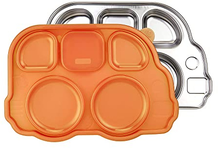 innobaby Din Din Smart Stainless Bus Divided Platter with Sectional Lid (Orange)