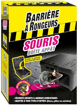 BARRIERE A RONGEURS Boîte appât Souris, Prête à garnir et rechargeable, Clé incluse, BARBOITSOU, 9 x 5 x 13 cm, Noir