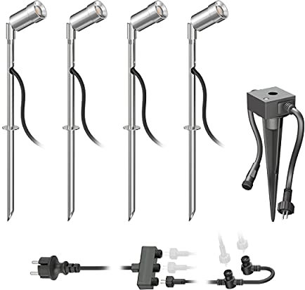 ledscom.de LED Gartenstrahler Spico mit Erdspieß und Dämmerungssensor für außen IP44 je 105lm warm-weiß 4er Set