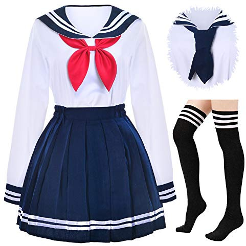 Japanese School Girls Uniform Sailor Navy Blue Pleated Skirt Anime Cosplay Costumes with Socks Set(SSF13) 2XL(Tag 3XL)