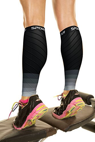 Physix Manchon Compression Mollet, Remplace Les Bas de Contention Femme et Bas de Contention Homme,Chaussettes de Compression pour Crossfit, Triathlon, Voyage Avion (1 Paire Noir/Gris S/M - M/L)