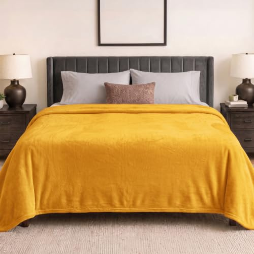 PAVILIA Fleece-Bettdecke, Queensize, goldfarben, superweich, flauschig, Flanell-Überwurf für Couch, Sofa, Plüsch-Mikrofaser, große Überwurfdecke, Senfgelb, Queensize-Bett, Samt, Decke, 90 x 90 cm