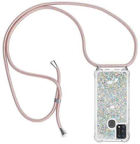 YuhooTech Handykette Hülle Kompatibel mit Samsung Galaxy M31 - Quicksand Glitzer Hülle mit Band - Silikon Handyhülle mit Kordel Umhängenband - Schnur mit Treibsand Case zum Umhängen