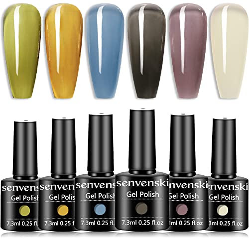 Senvenski Bleu Gelée Vitrail Vernis Semi Permanent, Vernis à Ongles Gel Cristal Transparente Ensemble d'été Vert Jaune Noir Gris Blanc Couleur Cadeau UV LED Art Kit pour French Manucure (BT6-001)