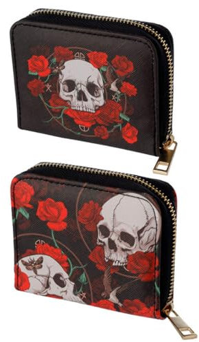 Puckator Kleine Geldbörse mit Totenköpfen und Rosen, mit Reißverschluss – Damen Damen schlanke Geldbörsen für Damen – Münztasche Geldbörse Herren – Kartenhalter mit Reißverschluss – kleine Geldtasche,
