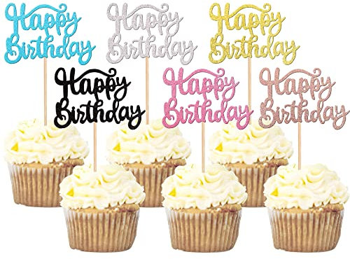 SYKYCTCY 36 Pack Happy Birthday Cupcake Toppers Glitter Celebrating Birthday Cupcake Picks Baby Shower Kids Birthday Anniversary Party Cake Decorations Supplies Colorful