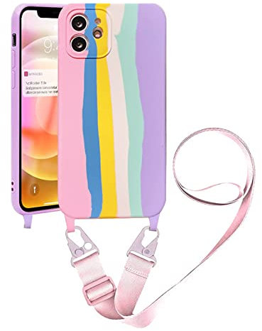 Handykette Handyhülle kompatibel mit Apple iPhone 13 Pro Necklace Hülle Nylon Schultergurt Weich Silikon TPU Cover mit Kordel zum Umhängen Schutzhülle mit Stylische Band(Regenbogen Rosa)