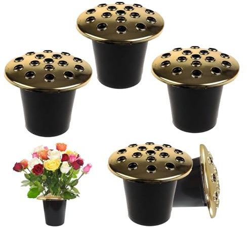 Caliko- Grave Flower Holders Set of 5, Memorial Grave Pots with Gold Lids, Strong Plastic Flower Pots for Graves Insert in Grave-side, Memorial Pots for Graves Decorations. (Pack of 5)