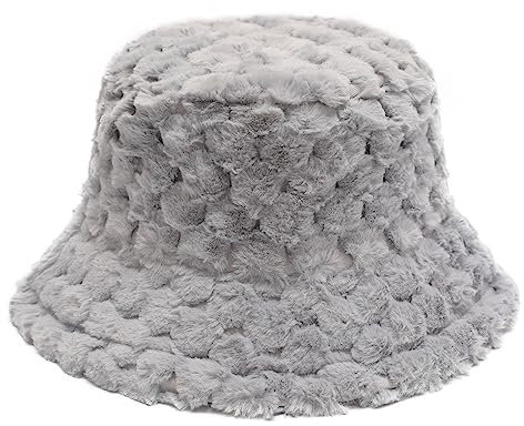 ZLYC Damen Winter Kunstpelz Fischerhut Stricken Bucket Hut(Flauschig Grau)