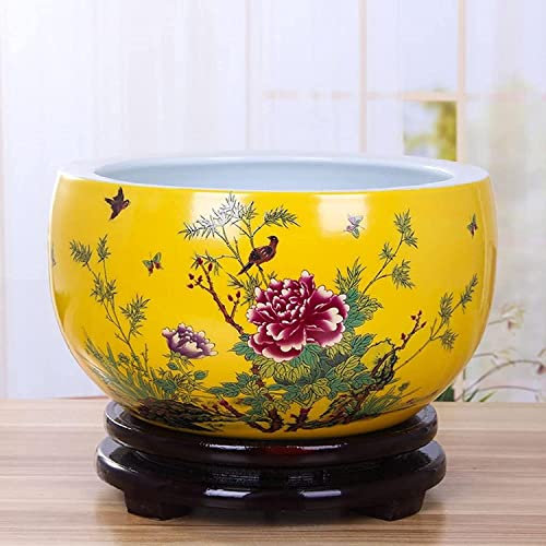 DSHUB Gelber runder Blumentopf, extra groß, Jingdezhen-Blumentopf im chinesischen Stil für den Innenbereich, für Hydrokulturpflanzen, Sukkulenten, ohne Löcher, ohne Tablett, Lotusbecken, Goldfisch