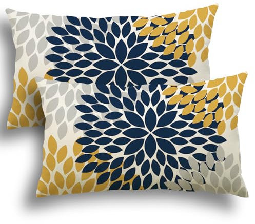 YCOLL Kissenbezug 30x50 2er Set Dekokissen Leinen Sofakissen Zierkissen Gelb und Blau Dahlie Kissenbezüge,für Sofa Schlafzimmer Wohnzimmer Outdoor Kissenhülle 30x50cm A251-12