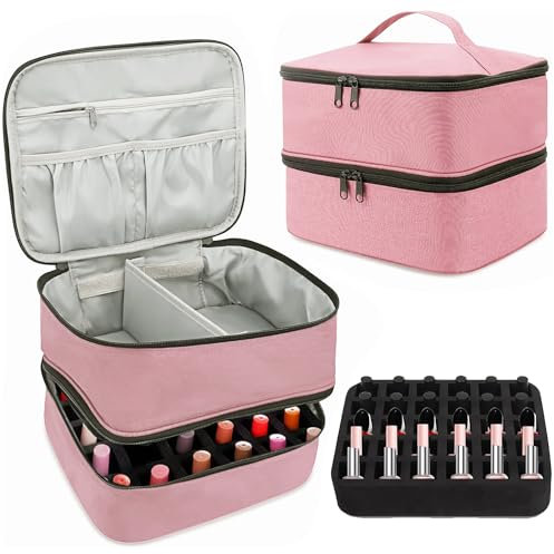 Movstriker Nail Polish Organiser Bag, Double Layer Nail Varnish Storage Holds 30 Bottles and A Nail Lamp, Traveling Nail Polish Storage Case Portable Nail Lipstick Beauty Tools Box(Pink)