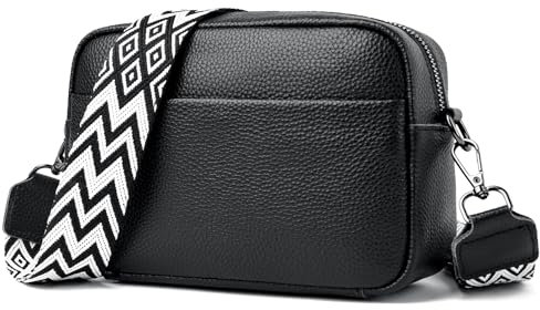 MCRADY Damen Handy Umhängetasche aus Echtem Leder - Modernes Crossbody Bag mit breitem Schultergurt und 3 Fächern, ideal für Reisen und den täglichen Gebrauch-schwarz
