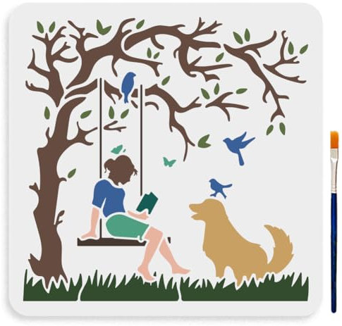 MAYJOYDIY „Frau Liest Unter Baum“ Schablone 30 נ30 cm Groß Baumast Hund Vogel Schablone Mit Pinsel Wiederverwendbare Lesebuch Vorlage Für Holzwände Möbel Bastelarbeiten Kunstprojekte