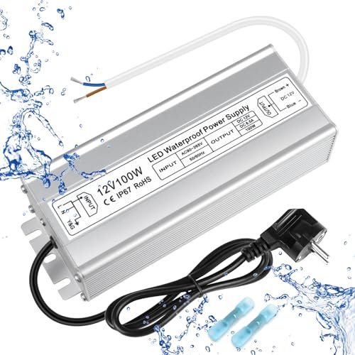 inShareplus LED Trafo 12V 8,5A 100W IP67 Wasserdichter Outdoor-Treiber, AC 90-265V zu DC 12 volt Niederspannungs-Transformator, 12V Netzteil für LED-Licht, Computerprojekt, Außeneinsatz