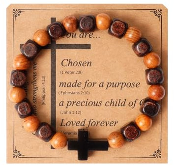 Eigso 8 mm Natur Sequoia Holz Mala Perlen Armband für Männer Frauen Edelstahl Christlich Kreuz Armband für Mann Frau