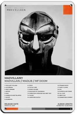 NTRECS MF Doom Madvillainy Album-Poster, Leinwandposter, 2 Blechschilder, Vintage, Metall, Pub, Club, Café, Bar, Zuhause, Wandkunst, Dekoration, Poster, Retro, 20 x 30 cm