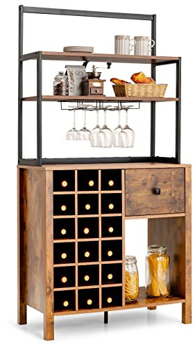 GOPLUS Casier à Vin pour 18 Bouteiles, avec 3 Etagères Ouvertes, Support de Verres à Vin, Tiroir Meuble Rangement de Cuisine Autoportant pour Salon, Salle à Manger, Style Indutriel, 74x40x160cm