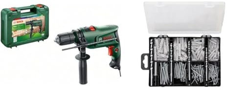 Bosch Home and Garden Trapano elettrico a percussione EasyImpact 600 (600 W, in valigetta) + 2607019511 Set Completo per Fissaggio, 173 Pezzi, 4 Punte