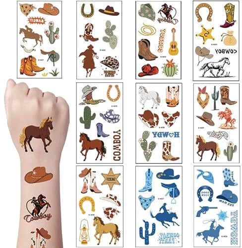 Qpout 10 Sheets Cowboy Temporary Tattoos Western Horse Rodeo hats Boots Face Fake Tattoos, Boys Cowboy Crafts Western Party Temporary Tattoo Horse Sticker Cowboy Party Favors
