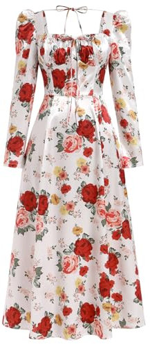 IDOPIP Femmes Manches Longues Vintage Satin Robe Corsage Col Carr� Robe Longue A - Ligne Lacets Manches � Bulles Robe de Mari�e Robe de Soir�e Rouge Rose 2XL