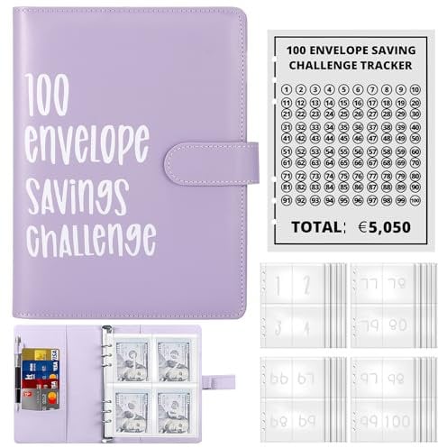 100 Briefumschläge Geld Sparen Challenge, A5 Briefumschläge Herausforderung Binder mit Geldumschlägen, Sparbuch für Geld, Sparen Sie 5.050 € Budgetplaner, Geldsparbinder Budget Planner (Lila)
