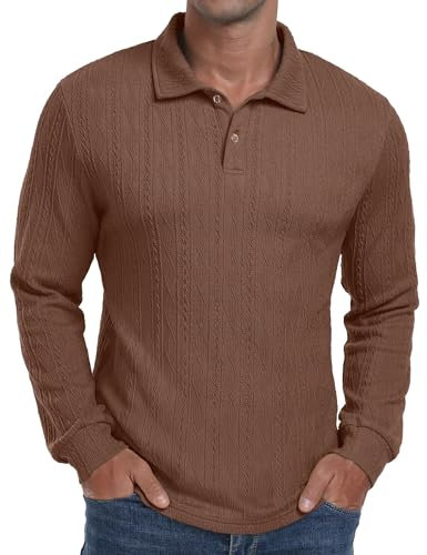 Sailwind Polo Shirts for Men Long Sleeve Tops Texture Knitted Polo Golf Work T Shirt with Buttons (Coffee, L)