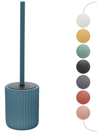 Inbagno Porta scopino WC Blu Pastello cannettato in Ceramica Soft Touch, setole Nere Anti-igieniche con paraspruzzi, Spring