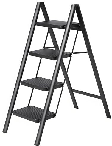 Gr8 Home Black Portable 4 Step Ladder Foldable Stool Non Slip Tread Heavy Duty Metal Steel Compact Lightweight Folding Home DIY Kitchen Aid
