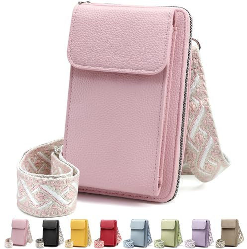 DBPBToU Pochette Téléphone Portable, Sacoche Femme Bandoulière avec Bandoulière Réglable, Sac Téléphone Portable Femme Portefeuille en Cuir PU pour Téléphone 7'' (Rose)