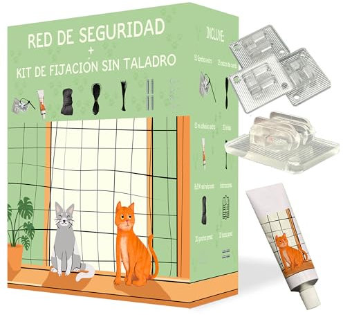 VartAMZ Red para Gatos Terraza Reforzada (4x3), Kit de Instalacion Sin Taladro (Ganchos) + Adhesivo 30ml, Malla para Gatos Terraza (Color Negro), Balcon, Ventanas