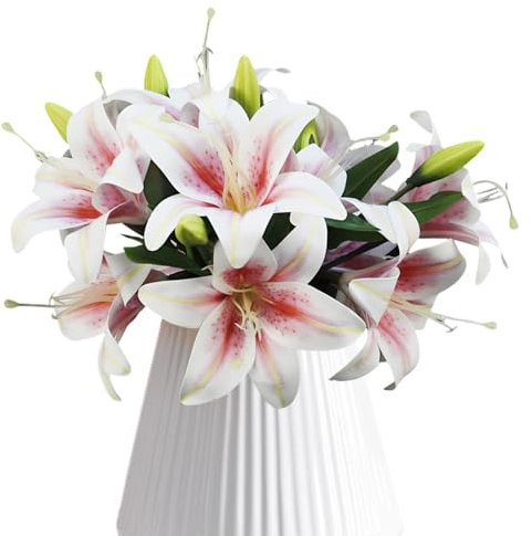 6 gigli artificiali, realistici, bianchi e rosa, gigli artificiali a stelo corto, con 12 teste di gigli completamente sbocciati e 6 boccioli, per casa, ufficio, matrimoni, feste e tombe
