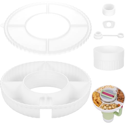 Hejo Silicone Snack Tray Compatible for Stanley Cup 40oz, 4 Compartments Snack Tray with Lid, Bottom Grip & Straw Cover Caps, Accessories Kit for Stanley Cup, for Car Home Party (White)