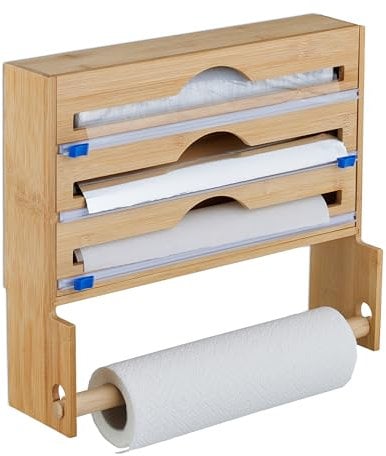 Relaxdays Dispenser Taglia Pellicola con Portarotolo da Cucina, Carta Forno e Alluminio, HLP 31x36x10 cm, bambù Naturale, Plastica, Fibra di Legno
