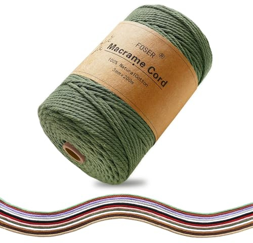FOSER Premium Makramee Garn 3mm×200m, Baumwollgarn Baumwollkordel, für DIY Deko Handwerk Boho wanddeko (Tiefgrün)