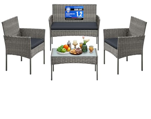 SONGMICS Gartenmöbel-Set, 4-teilig, Balkonmöbel, aus PE-Polyrattan | Terrassenmöbel, Tisch, 2 Stühle, 2-Sitzer-Bank, Lounge-Möbel Outdoor, für Terrasse, Balkon, Garten, Grau, GGF004TZ01