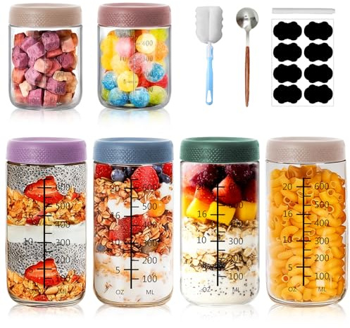 Kwybei 6 Stück Einmachgläser, 500/750ml Overnight Oats Gläser mit Schraubdeckel, Multifunktionale Gläser mit Deckel für Chutney, Joghurt, Marmela