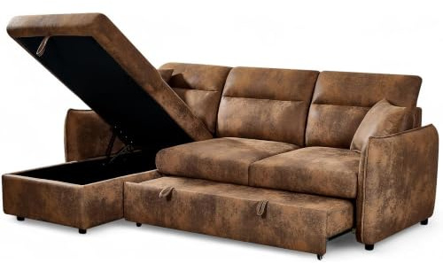 3 Seater Pull Out Sofa Bed with Storage Chaise BROWN ARCHIE - Durable Faux Leather Left Hand Corner Sofa for Living Room - L Shaped Couch - 200 x 140 Sleeping Area, Solid Wood Frame, Accent Cushions