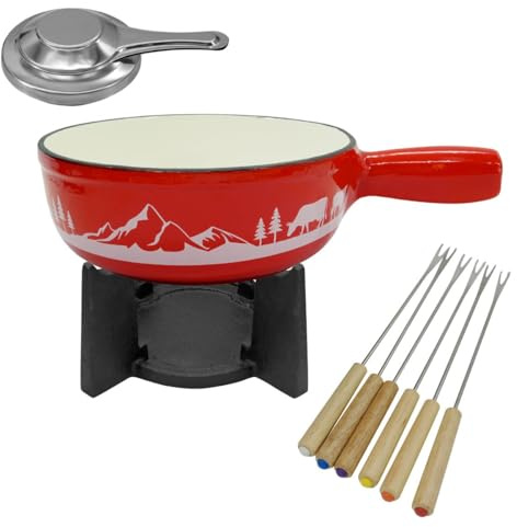 Fackelmann Service à fondue fromage 4 personnes fonte émaillée 1,8 L | Fondue savoyarde ou bourguignonne, Caquelon 1 8 L pour 4, Fonte émaillée rouge, 6 fourchettes repérées, Ø 21 cm, Inox