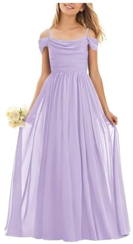 BessDress Schulterfreies Chiffon-Kleid für Brautjungfern, für Hochzeit, Party, A-Linie, langes Blumenmädchenkleid, Ballkleid, Flieder, 10 Jahre