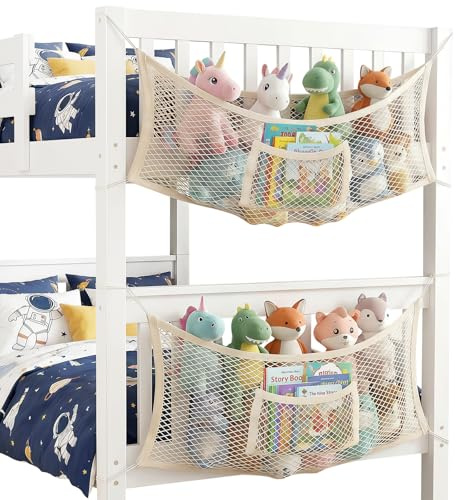 Meetory Kuscheltier Aufbewahrung Netz - 2 Stück Bettseite Stofftier Organizer Boho Makramee Hängend Elastisches Baumwolle Netztasche Plüschtier Aufbewahrung für Kinderzimmer Schlafzimmer