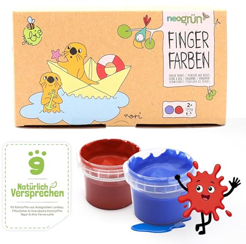 neogrün Bio-Fingerfarben Nori für Kinder, ungiftig, 2 x 120g (Blau/Rot) | Fingermalfarben ab 1 Jahr, cremig, tropffest, leicht abwaschbar, vegan, mit Bio-Rohstoffen und Pflanzen- und Mineralpigmenten
