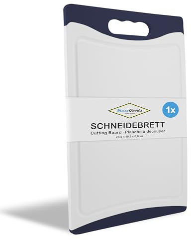 MaxxGoods Schneidebrett Kunststoff mit Saftrille & Griff - Antibakteriell - Hackbrett, Kunststoffbrett beidseitig verwendbar, Spülmaschinenfest - Weiss, 28x19,5x0,8cm