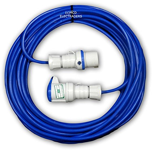 MCD Electrical 20 metre Blue Caravan Hook Up/Extension Cable with 16 Amp Plug & 16A Coupler - Professionally assembled