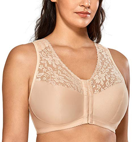 Delimira Women's Front Fastening Bras Lace Wireless Plus Size Full Coverage Racerback Support Bra Beige 38E