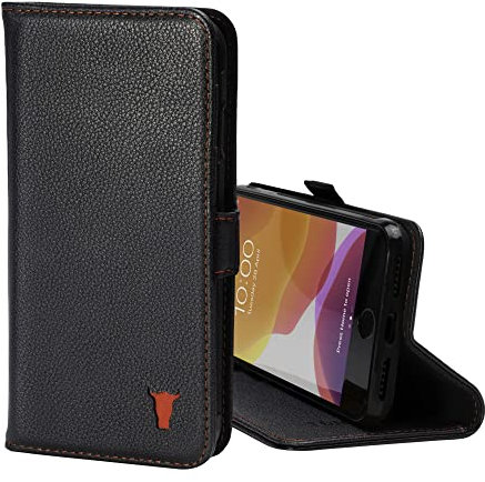 TORRO Phone Case Compatible With iPhone SE/8/7 – Premium Genuine Leather Cover with Card Slots and Horizontal Viewing Stand (Black)
