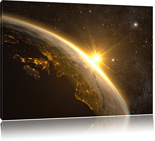 Pixxprint Die Sonne und Erde im Weltall, Größe: 60x40cm, Leinwandbild, fertig gespannt, Wandbild, Dekoration, Kunstdruck, kein Poster