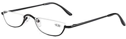 KoKoBin Half Frame Reading Glasses Spring Hinges for Men Women Slim Half Moon Lens Readers Metal Semi Rimless Eyewear(Black,+3.0)