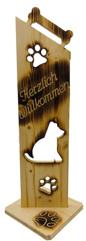 Holz Deko Schild geflammt Herzlich Willkommen Hund NR7