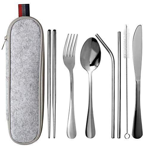 nuoshen Cutlery Set,Portable Stainless Steel Utensils Reusable Travel Camping Cutlery Set Knive/Fork/Spoon/Chopsticks/Straws/Brush/Portable Case(8 Piece)
